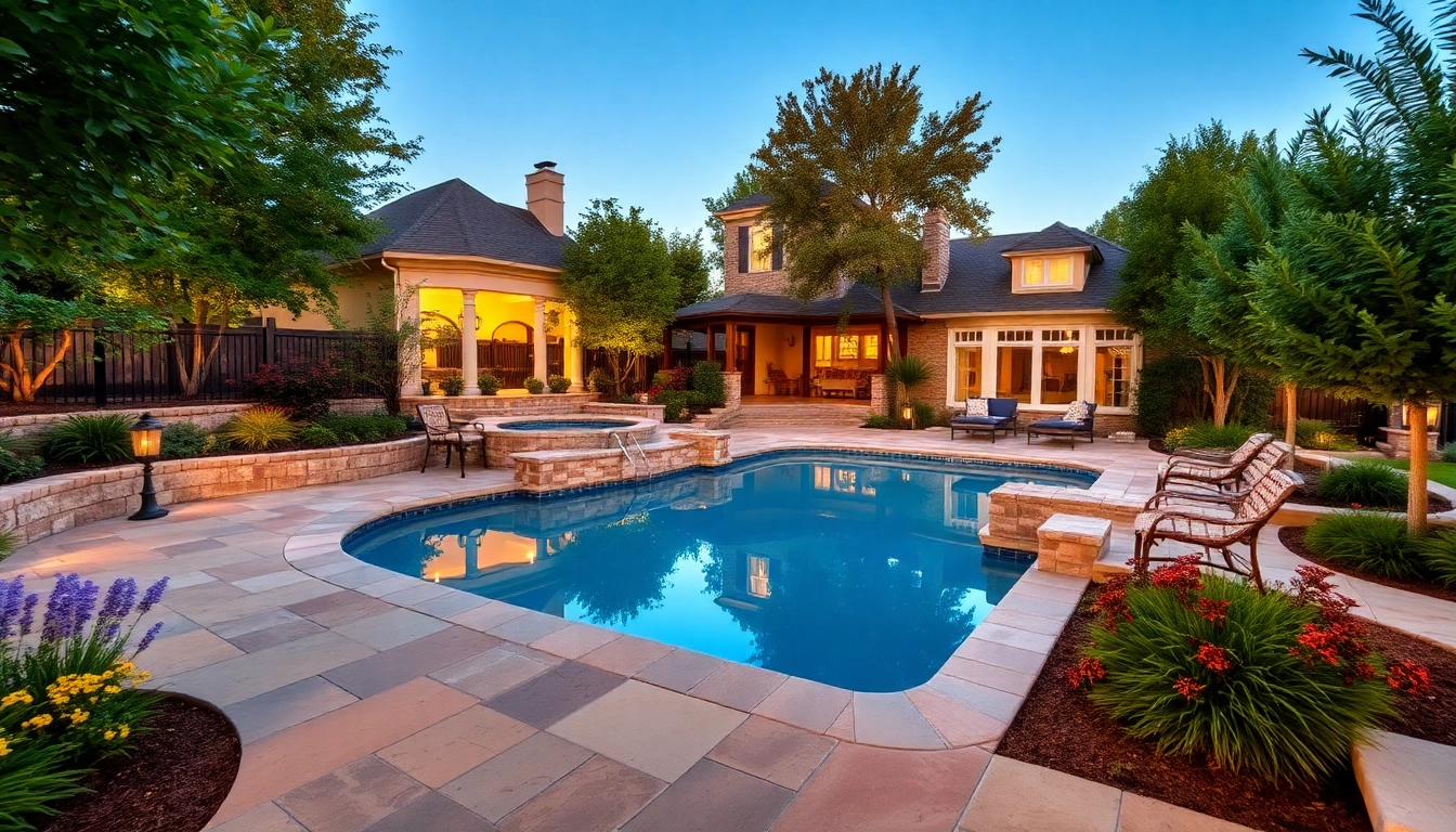 Transform your outdoor area with striking Hardscapes & Pools featuring lush landscaping and a tranquil ambiance.