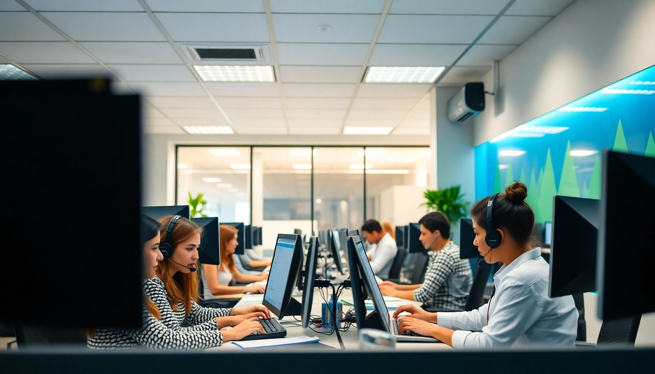 Dynamic scene of Tijuana call centers showcasing agents engaged in communication with clients.