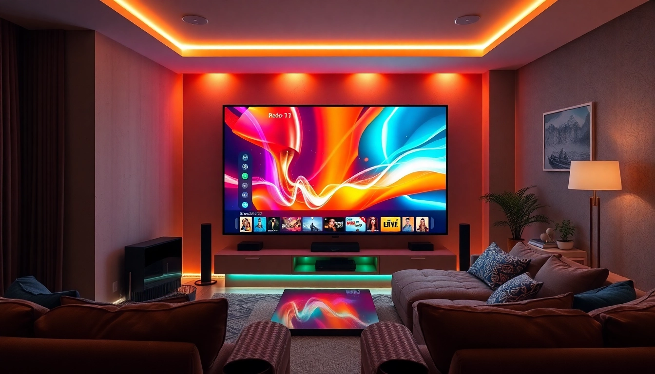 Enjoy engaging IPTV Suisse streaming on a vibrant home theater screen with cozy seating.