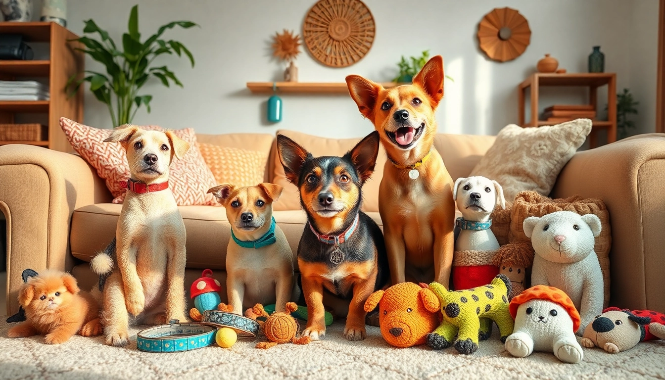 Showcase stylish pet accessories arranged on a comfortable sofa, emphasizing pet comfort and fun.