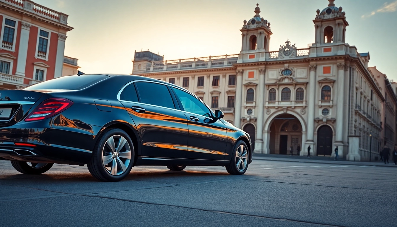 Luxury hire chauffeur Lisbon vehicle elegantly parked by a historic landmark in vibrant golden hour light.