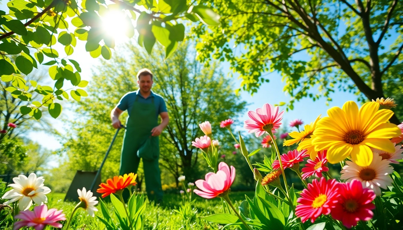 Gardener conducting a spring clean up in a lush garden filled with colorful flowers and greenery.