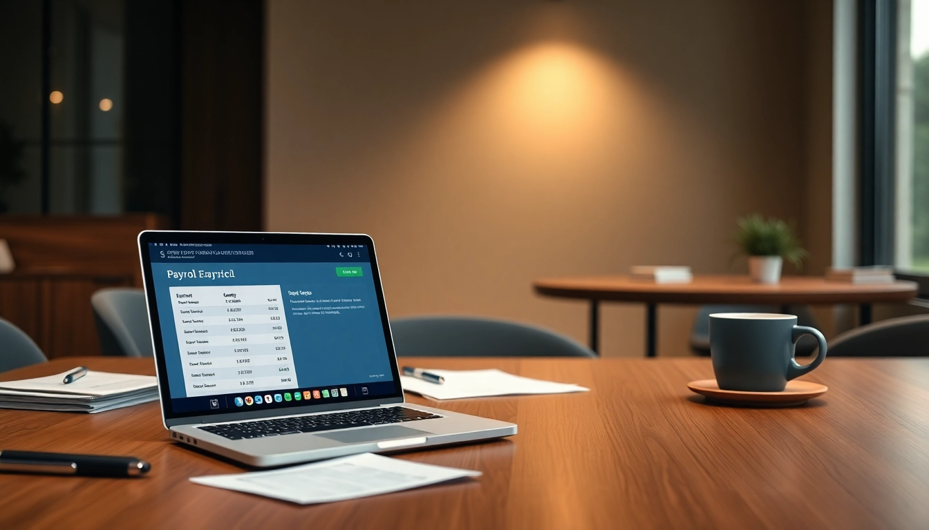 Streamline payroll software processes with advanced features on a laptop in an office.
