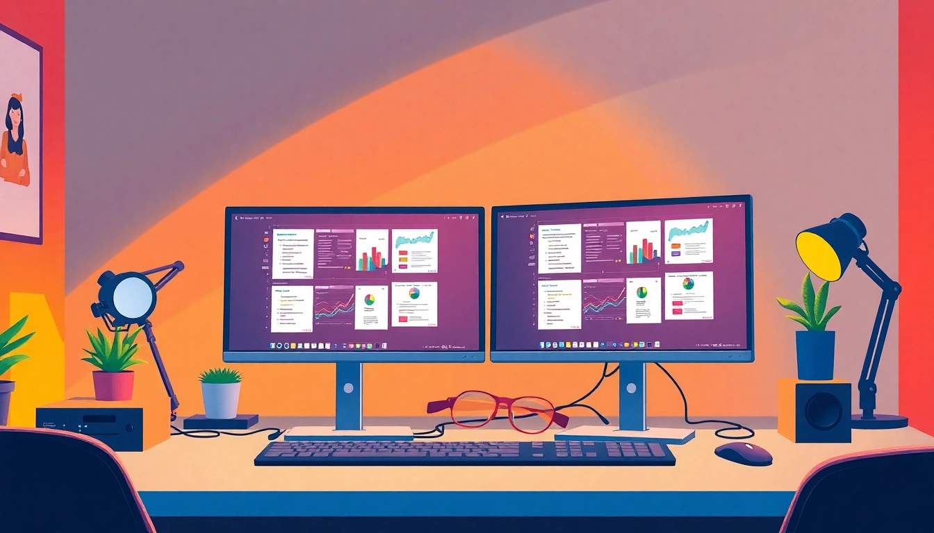 View of a dual monitor install showcasing a sleek workspace with productivity applications displayed.