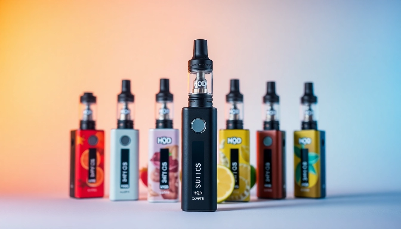 Purchase HQD Surv online, showcasing a colorful array of flavors and sleek design of the vape.