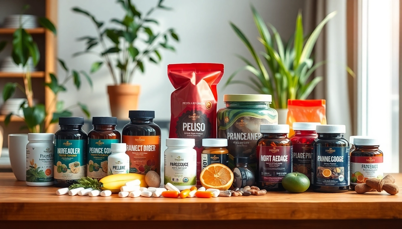 Showcase colorful dietary supplements on a wooden table surrounded by leafy plants, promoting health and wellness.