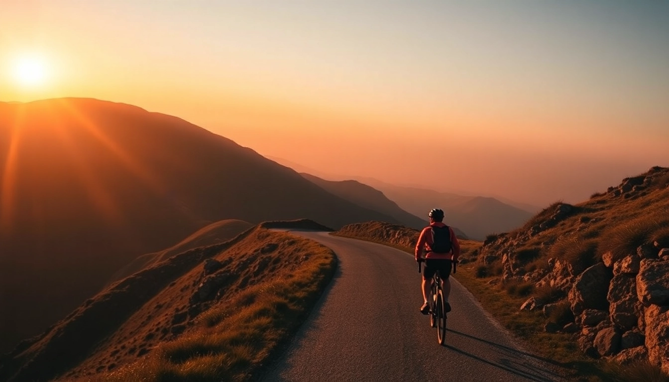 Cycling enthusiast navigating a mountain trail at sunset, demonstrating motion and energy.