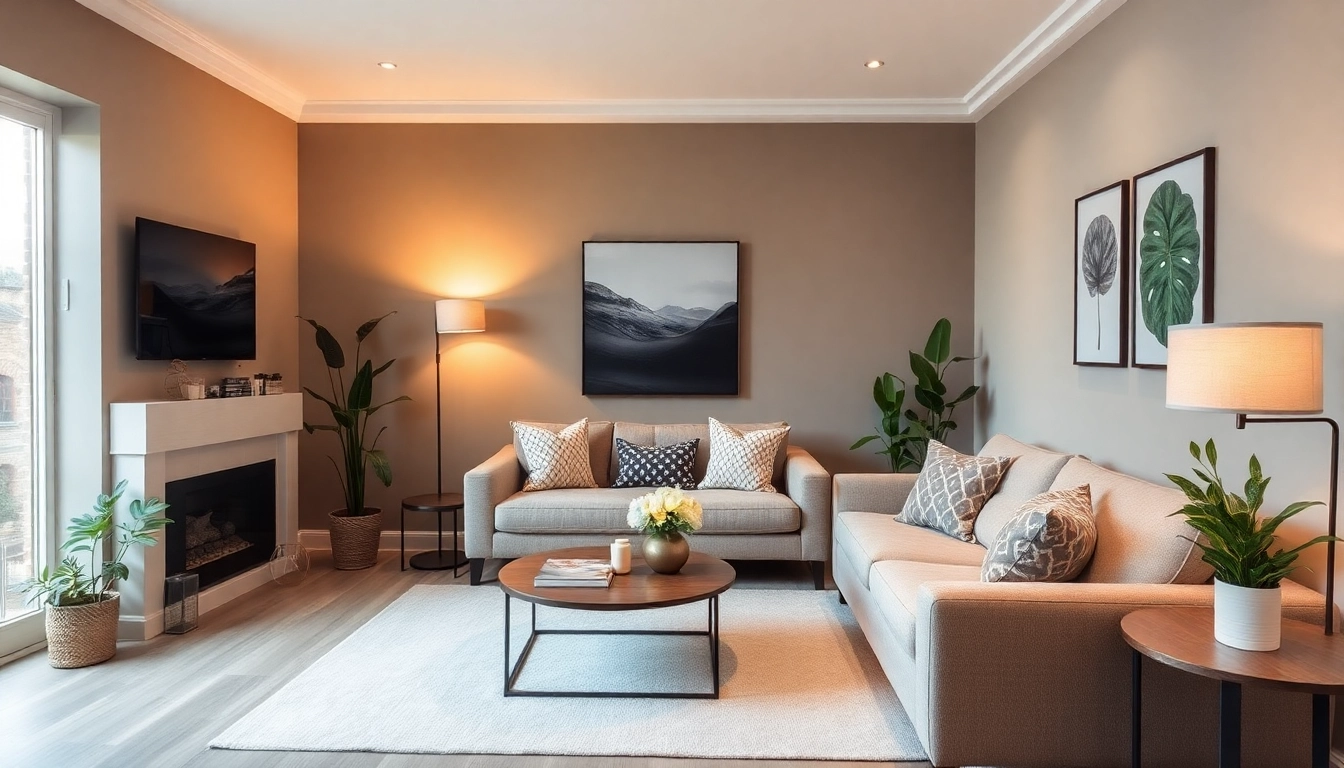 Relax in a contemporary Bloomsbury living room filled with greenery and warm decor.