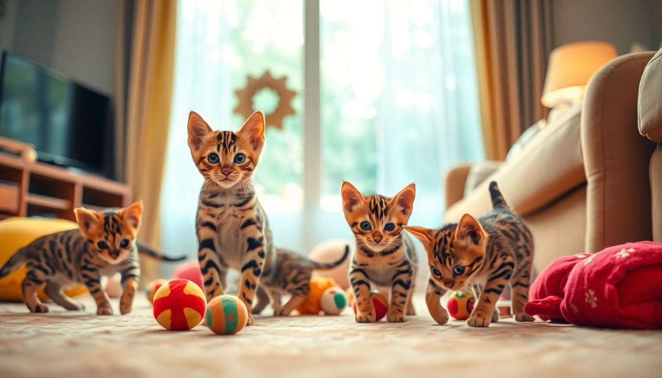 Registered Bengal Breeder showcasing playful Bengal kittens in a colorful living room