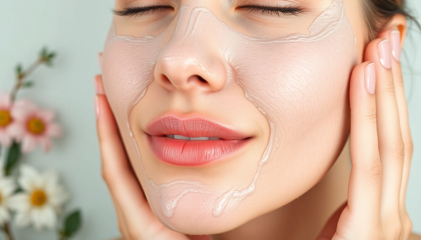Woman applying a nourishing facial mask, showcasing radiant skin and botanical ingredients.