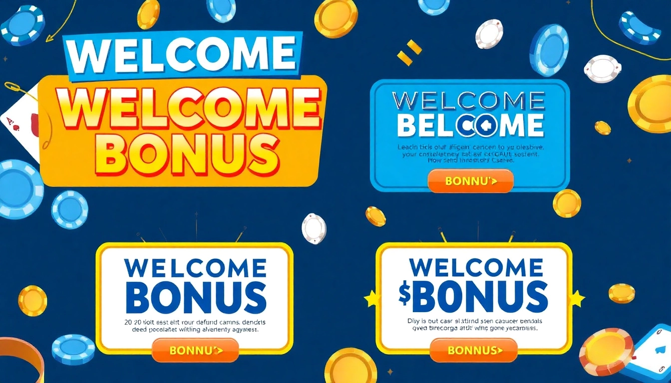 Showcase enticing welcome bonus offers with vibrant visuals of casino chips and cards.