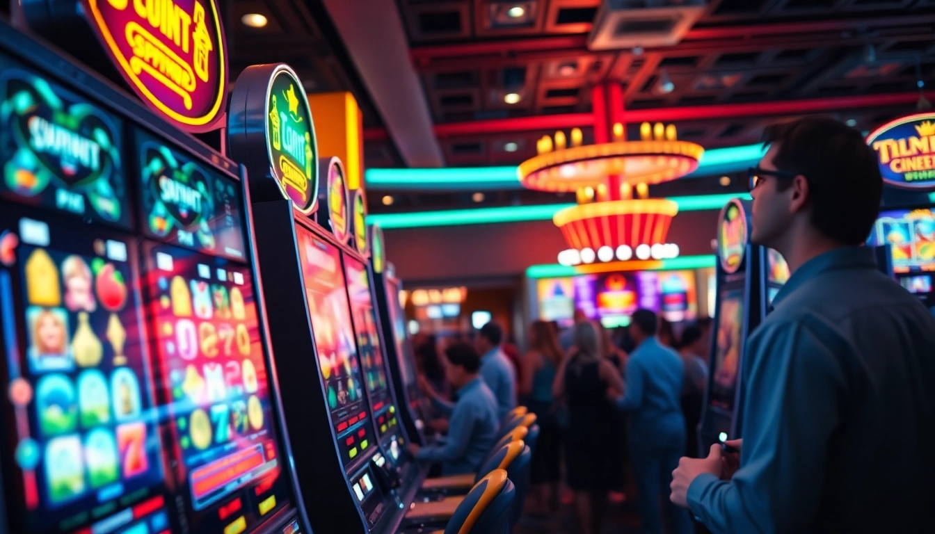 Slot demo dalam pengaturan kasino yang hidup, memamerkan mesin slot yang menarik.