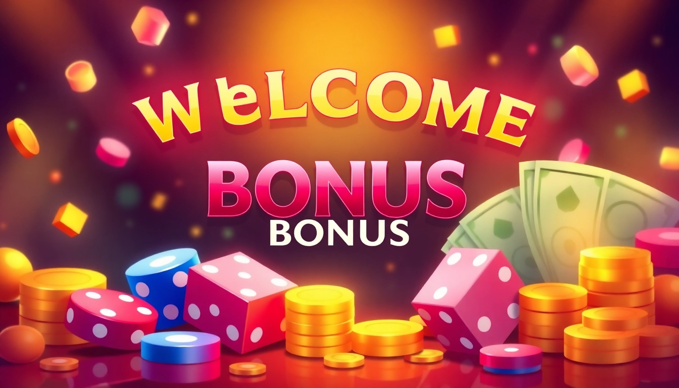Claim your exciting welcome bonus with colorful casino elements and vibrant visuals.