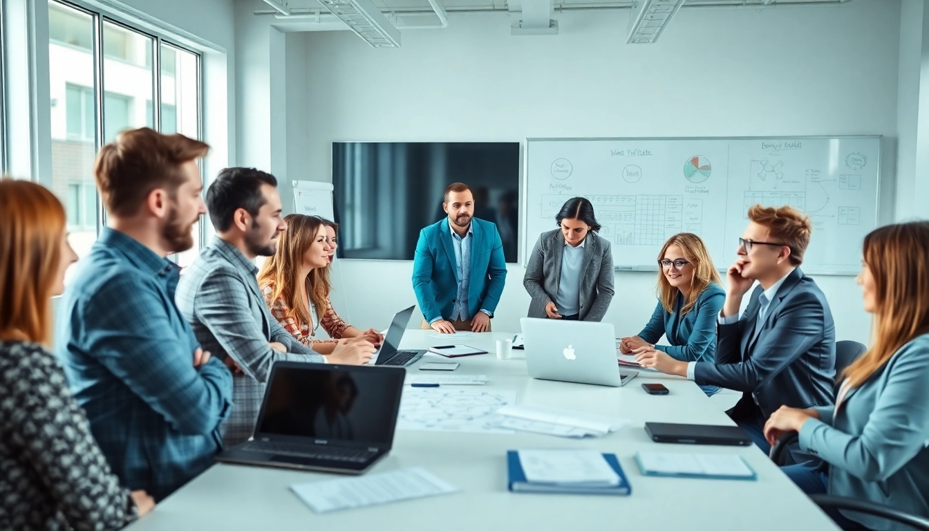 Optimizing marketing für pflegedienste with experts discussing strategies in a modern office.