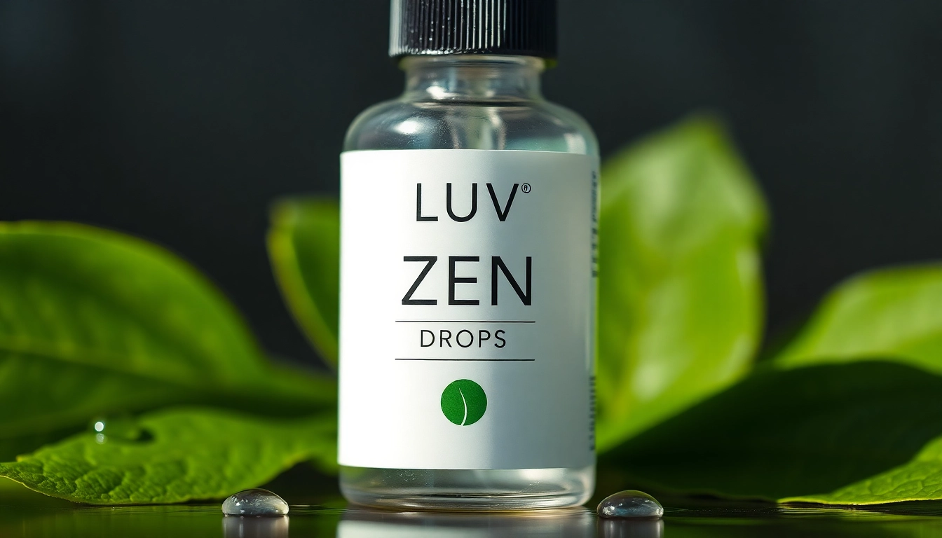 LUV Zen Drops bottle promoting relaxation and stress relief with natural ingredients in an inviting setting.