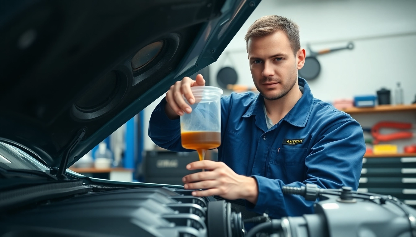 Mechanic changing the automatic transmission fluid in a car's engine component.
