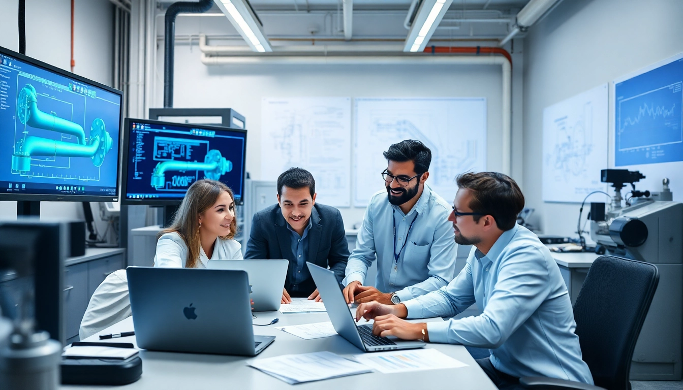 Engineers performing pipe stress analysis in a modern laboratory environment, showcasing teamwork and technology.