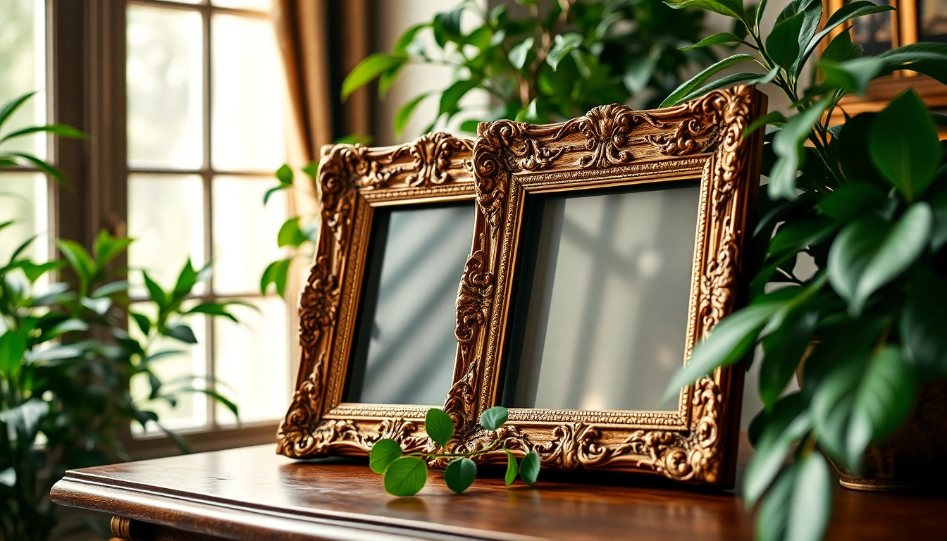 Showcasing ornate picture frames with elaborate designs in an elegant indoor setting.