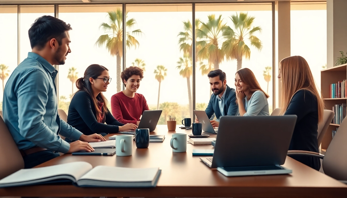 Engaged students at a part-time law school in California collaborating in a bright study room.