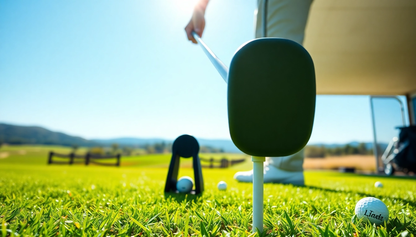 Golfer enhancing technique with a golf swing training aid at a sunny driving range.