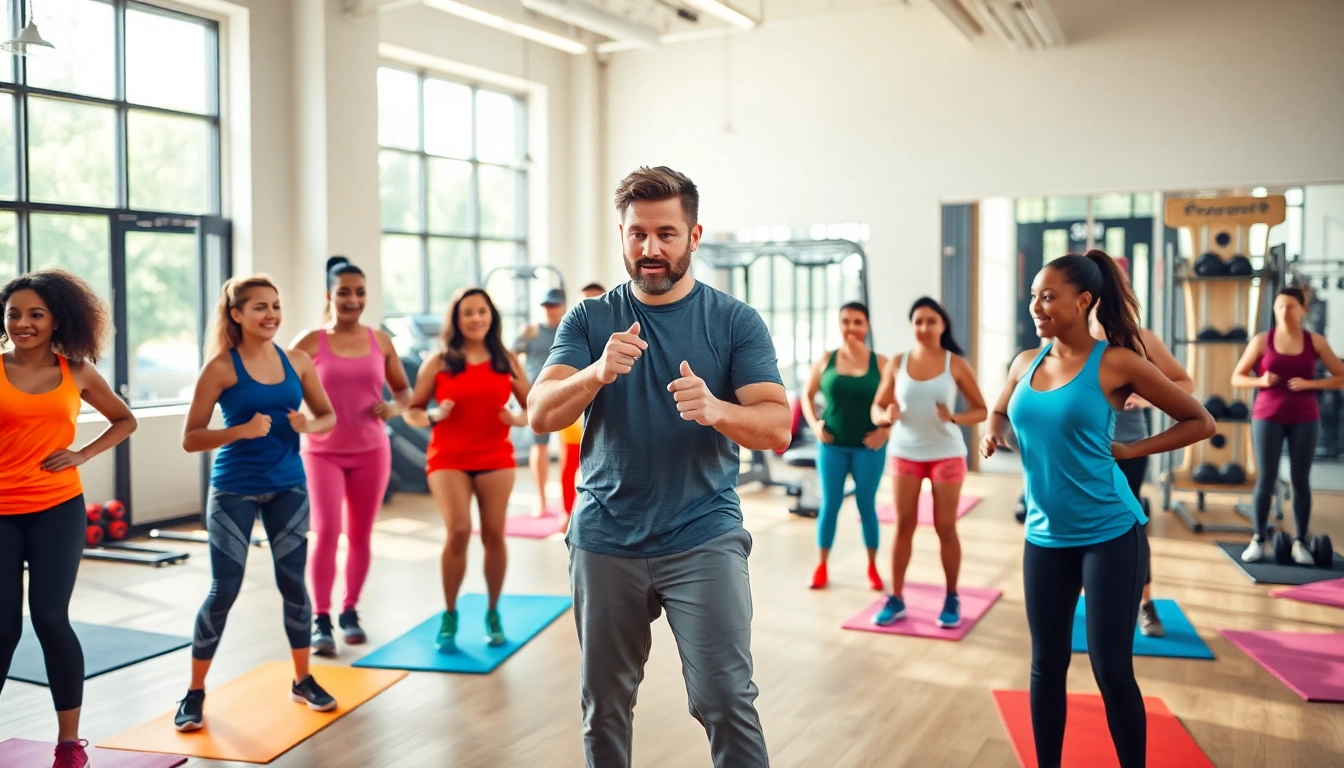 Engaging fitness coach leading a group workout near me, showcasing teamwork and personal training.