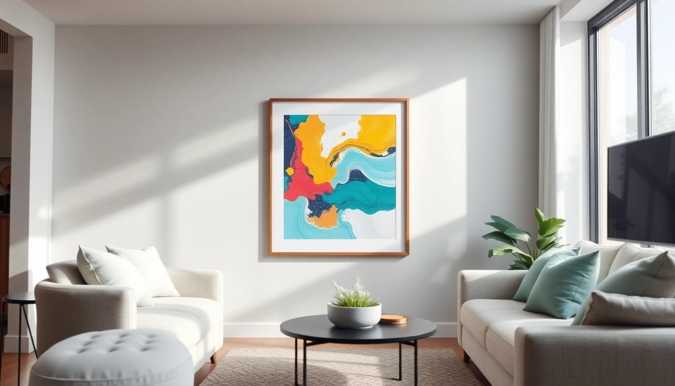 Display a stunning 24x36 frame in a modern living room with artistic decor.