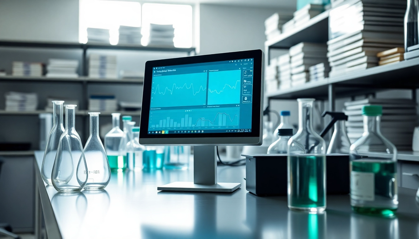 Monitor showing Hydrogen Bromide levels in a modern lab setting with safety equipment.