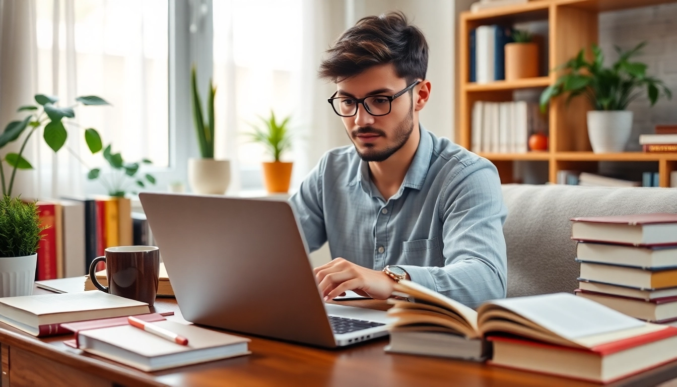 Engaged learner buys distance learning masters degree from a cozy home office.