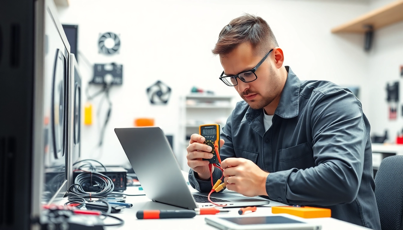 Riparazione computer torino, tecnico mentre diagnostica un laptop in un moderno laboratorio di riparazioni.