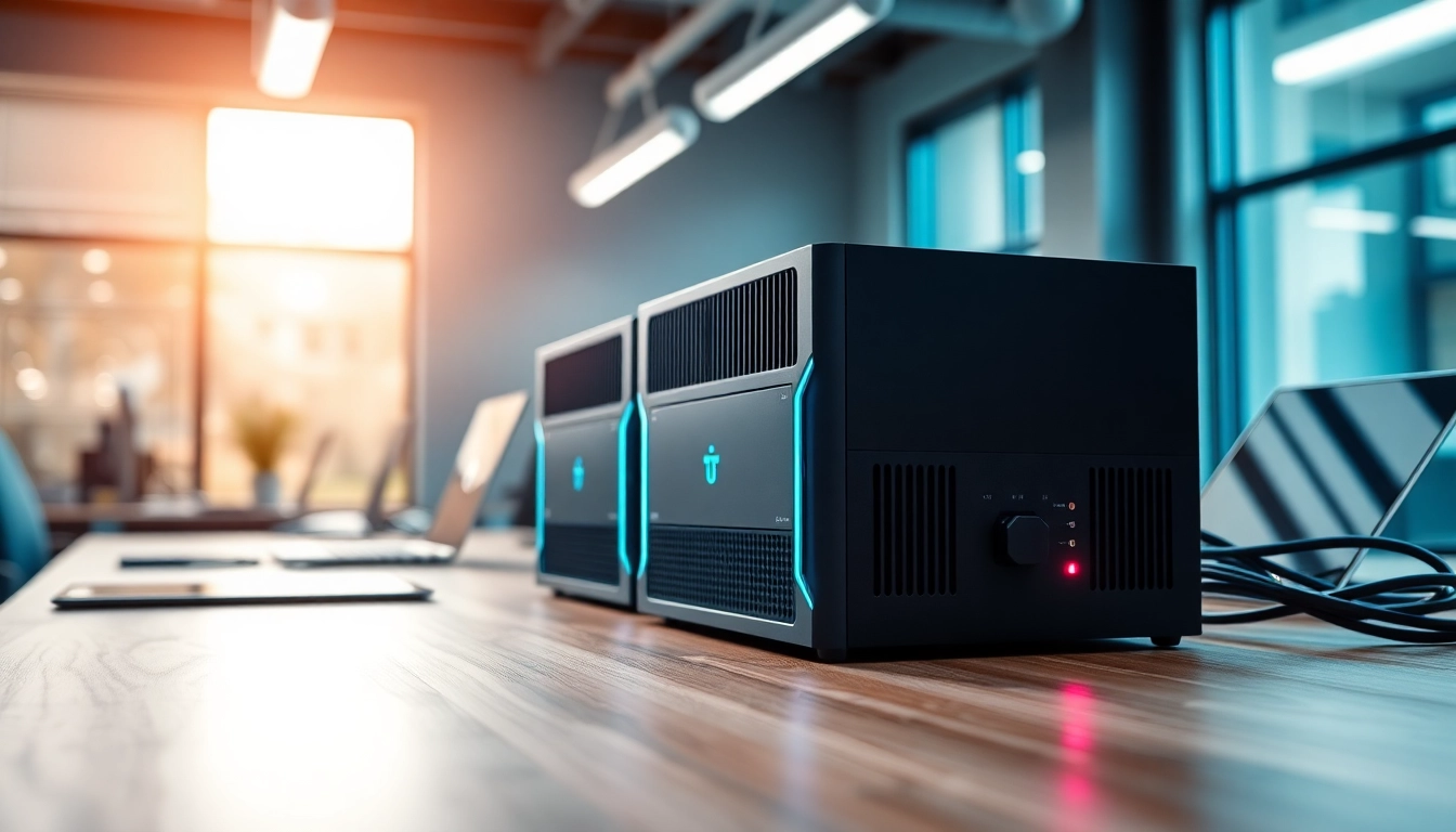 Showcasing TPower power supplies in a high-tech office, highlighting electronics and productivity.