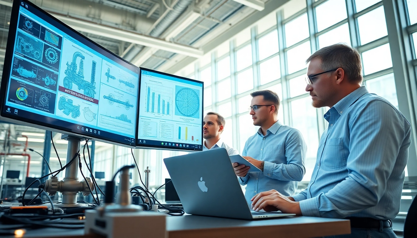 Engineers at a pipe stress analysis company discussing technical data in a modern office.