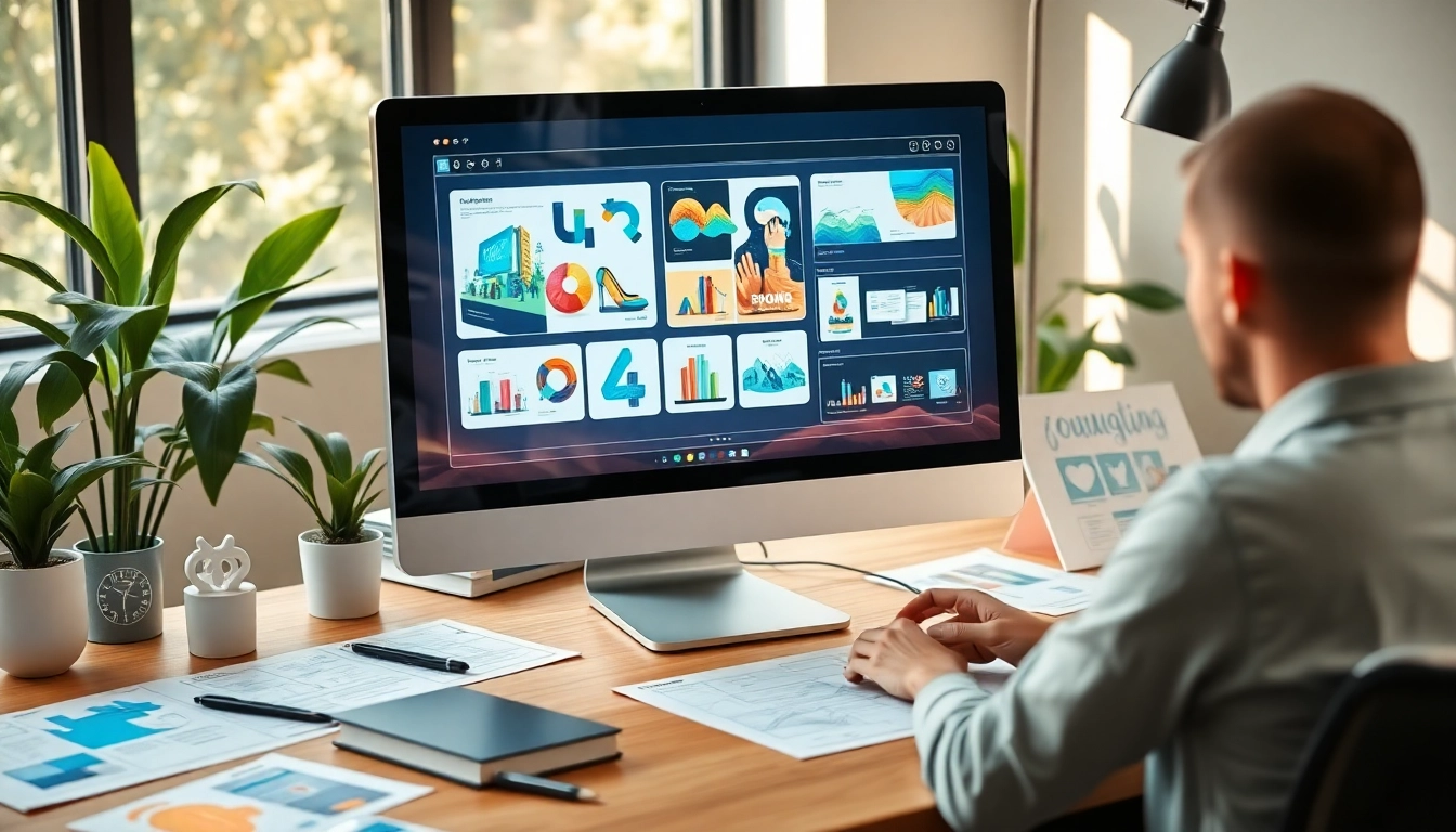 Create engaging branding visuals through AI-powered branding services in a modern workspace.