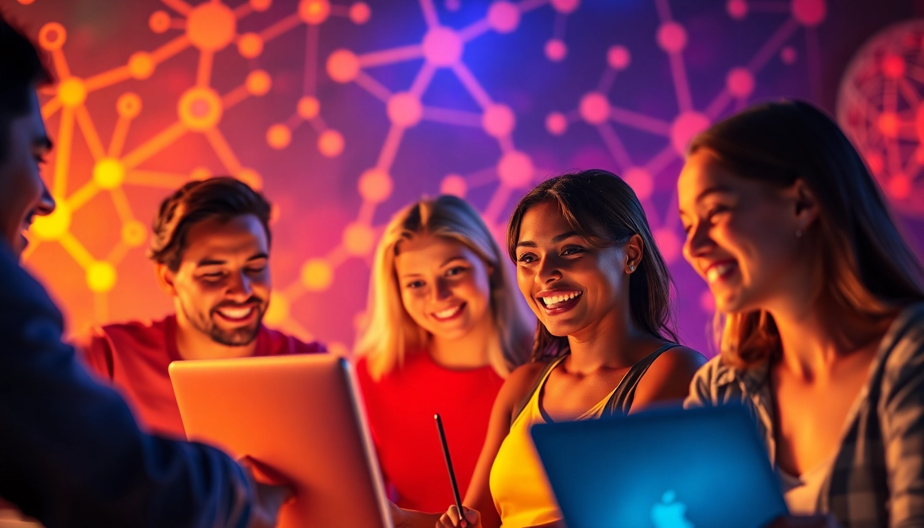 Engaging participants in a lively sex chat environment with glowing screens and warm lighting.