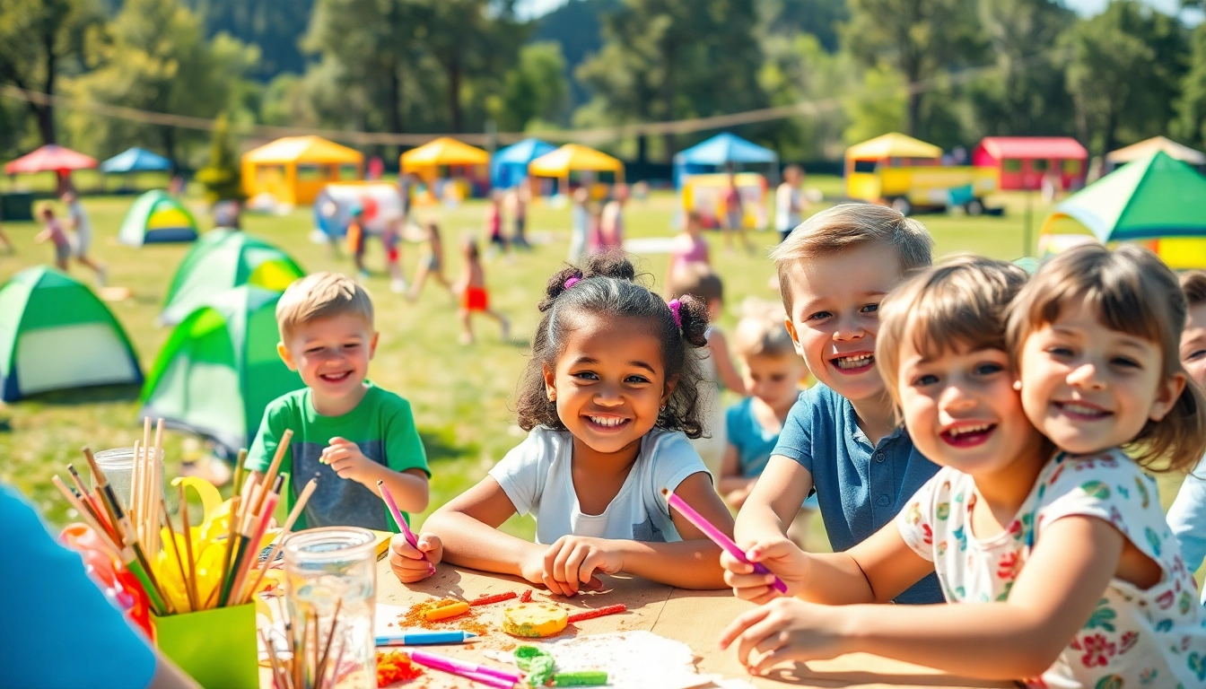 Children enjoying holiday camps activities such as arts and crafts in a vibrant outdoor setting.