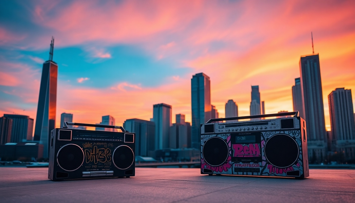 Promote Hip-hop mixtapes Chicago with a vintage boombox against the Chicago skyline at sunset.
