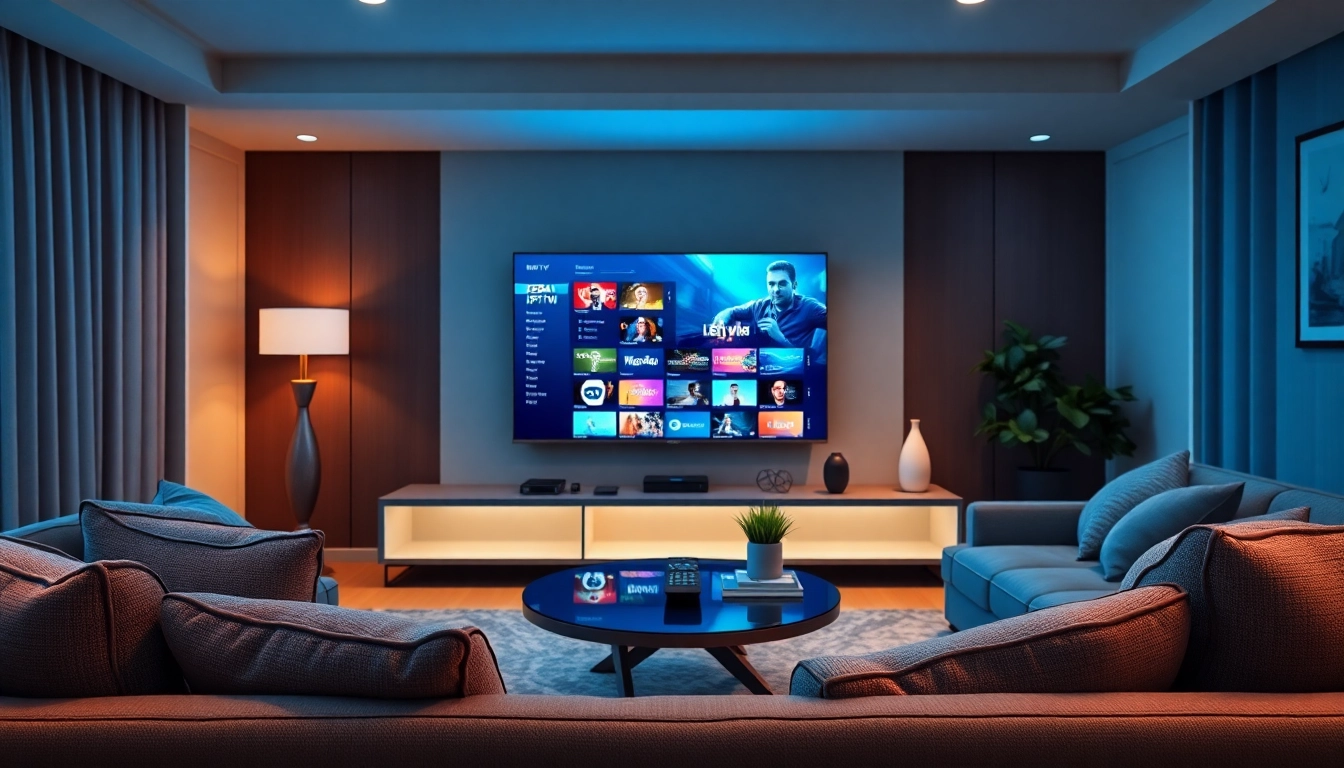 Experience IPTV services from a cozy living room with a vibrant streaming interface and modern decor.