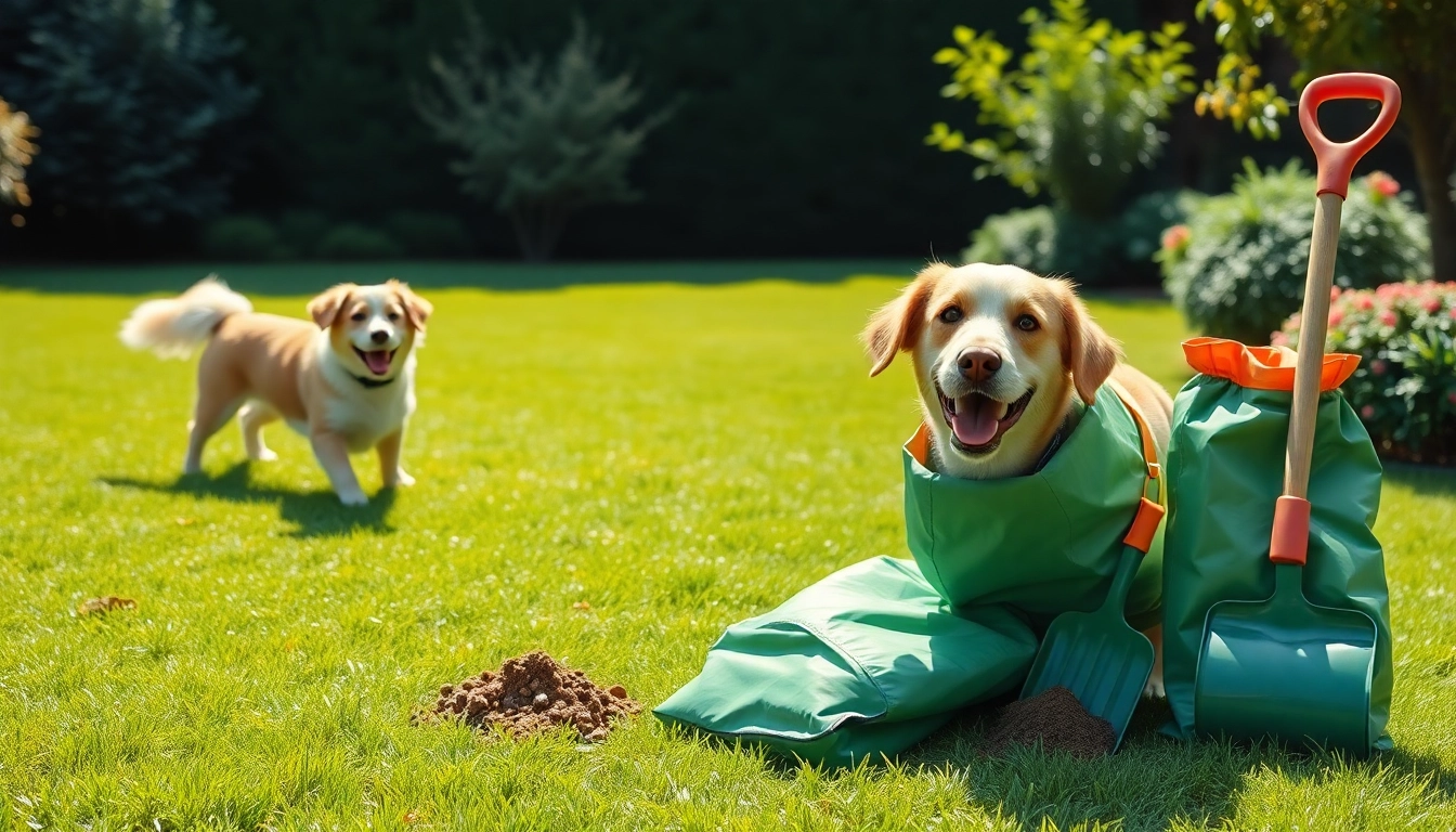 Efficient dog poop cleanup demonstrated in a bright yard with cheerful dog playing.