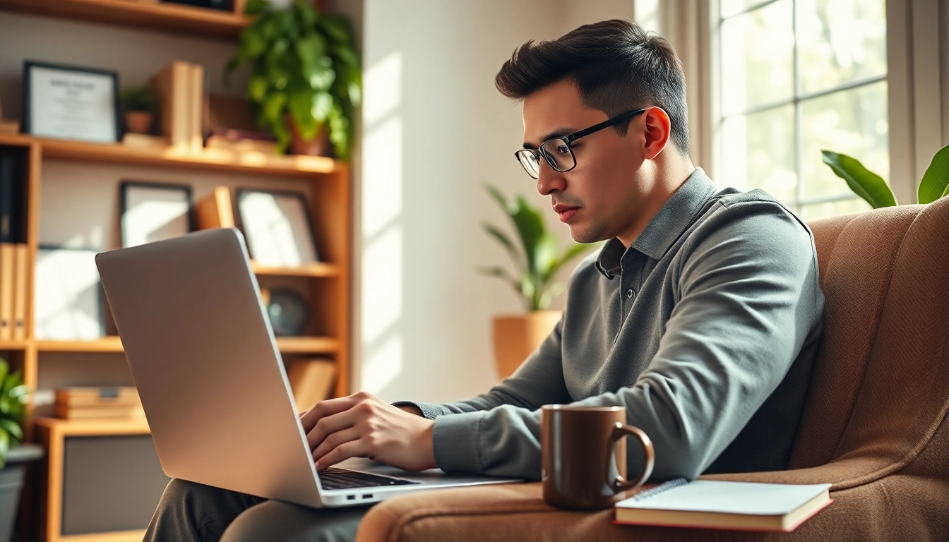 Focused individual pursuing a buy distance learning masters degree in a cozy study environment.