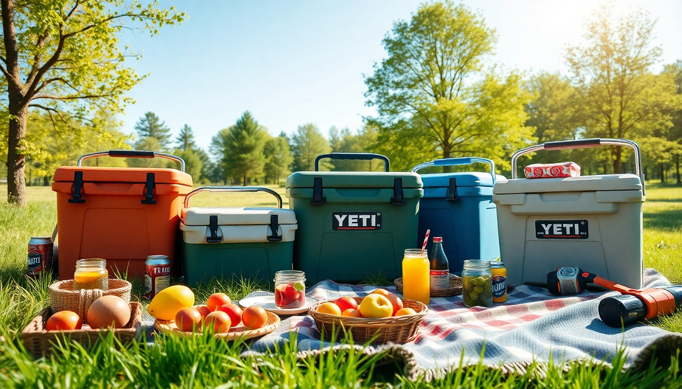 Showcasing coolers from various companies like Yeti in a sunny picnic setting, emphasizing quality and versatility.