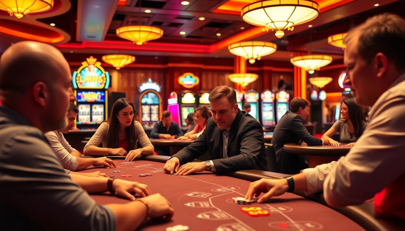 Experience the thrill of live casino action with focused players at vibrant gaming tables.