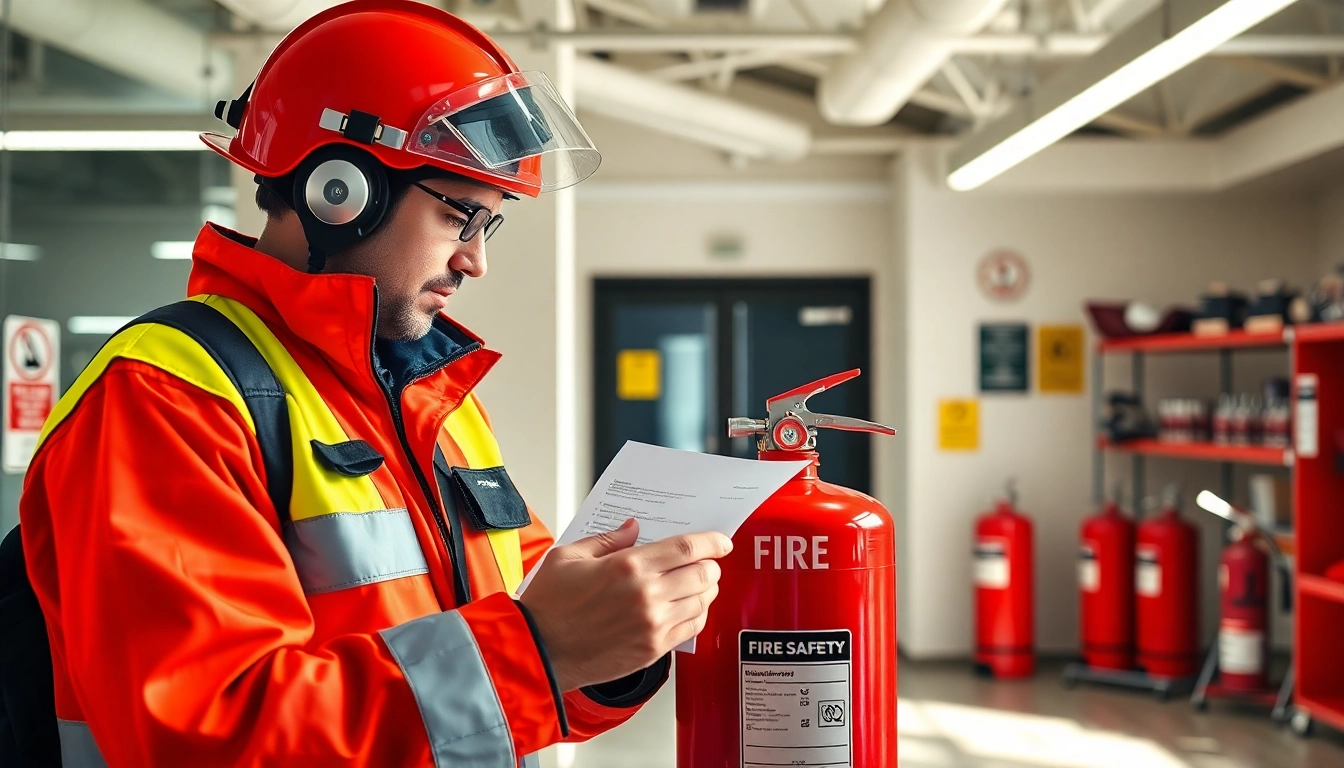 Fire extinguisher servicing Birmingham expert conducts a thorough inspection in a professional setting.