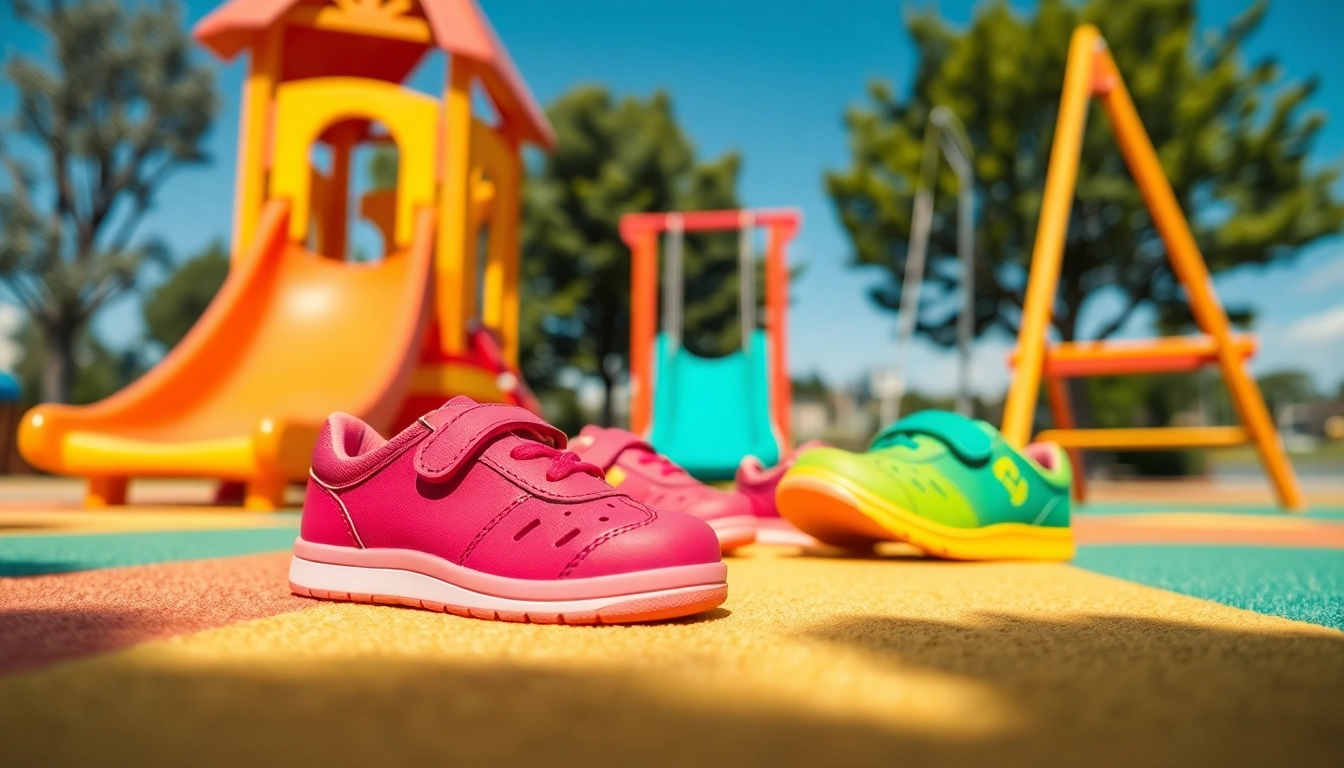 Flexible Kinderschuhe in buntem Spielplatzumfeld, die zur Bewegung anregen.