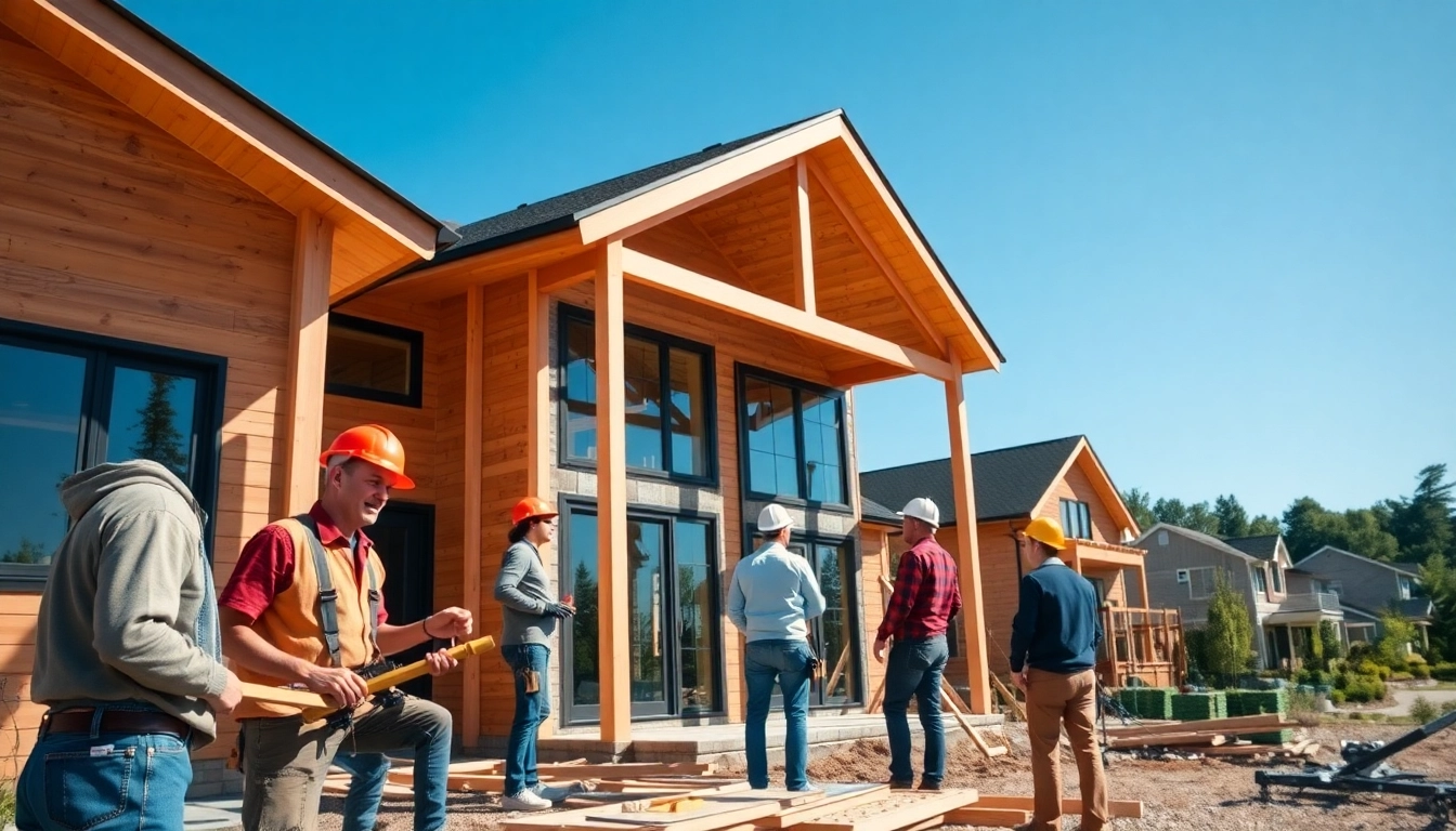 Skilled connecticut home builders framing a modern house in a sunny neighborhood.