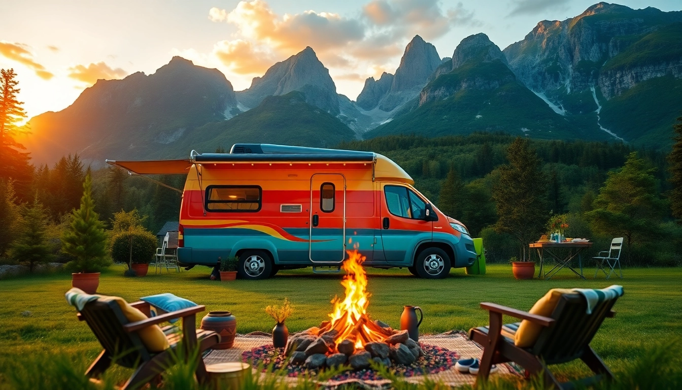 Relaxing scene of a Camper Van parked amidst nature, showcasing an inviting outdoor setting.
