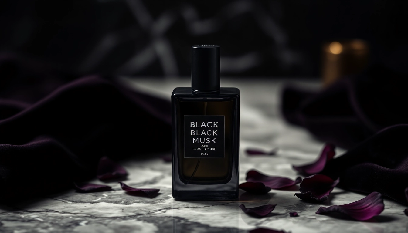 Vaporiser le parfum Black musk sur un fond en marbre élégant avec des pétales autour