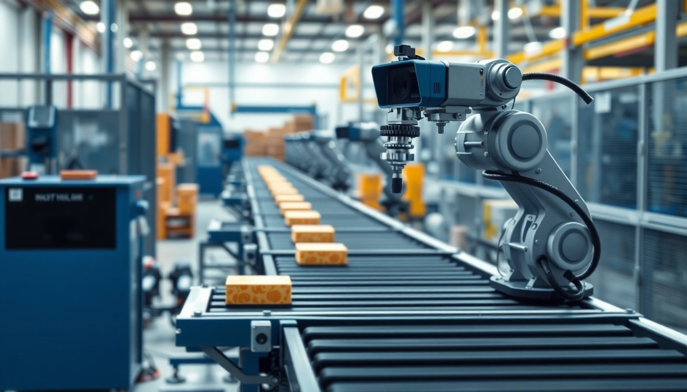 Machine vision technology inspecting products on a conveyor belt in an industrial setting.