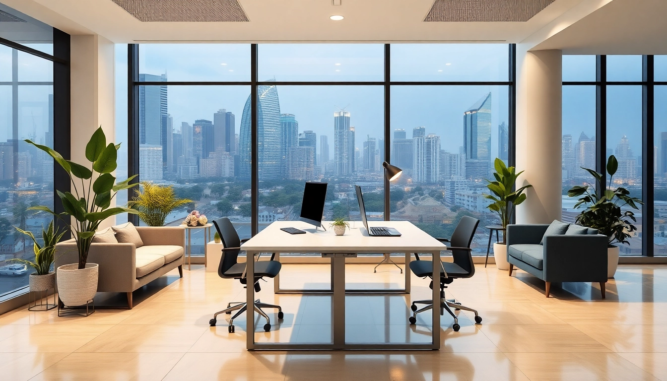 Find modern office for rent in Bangalore with a vibrant city view and sleek design.