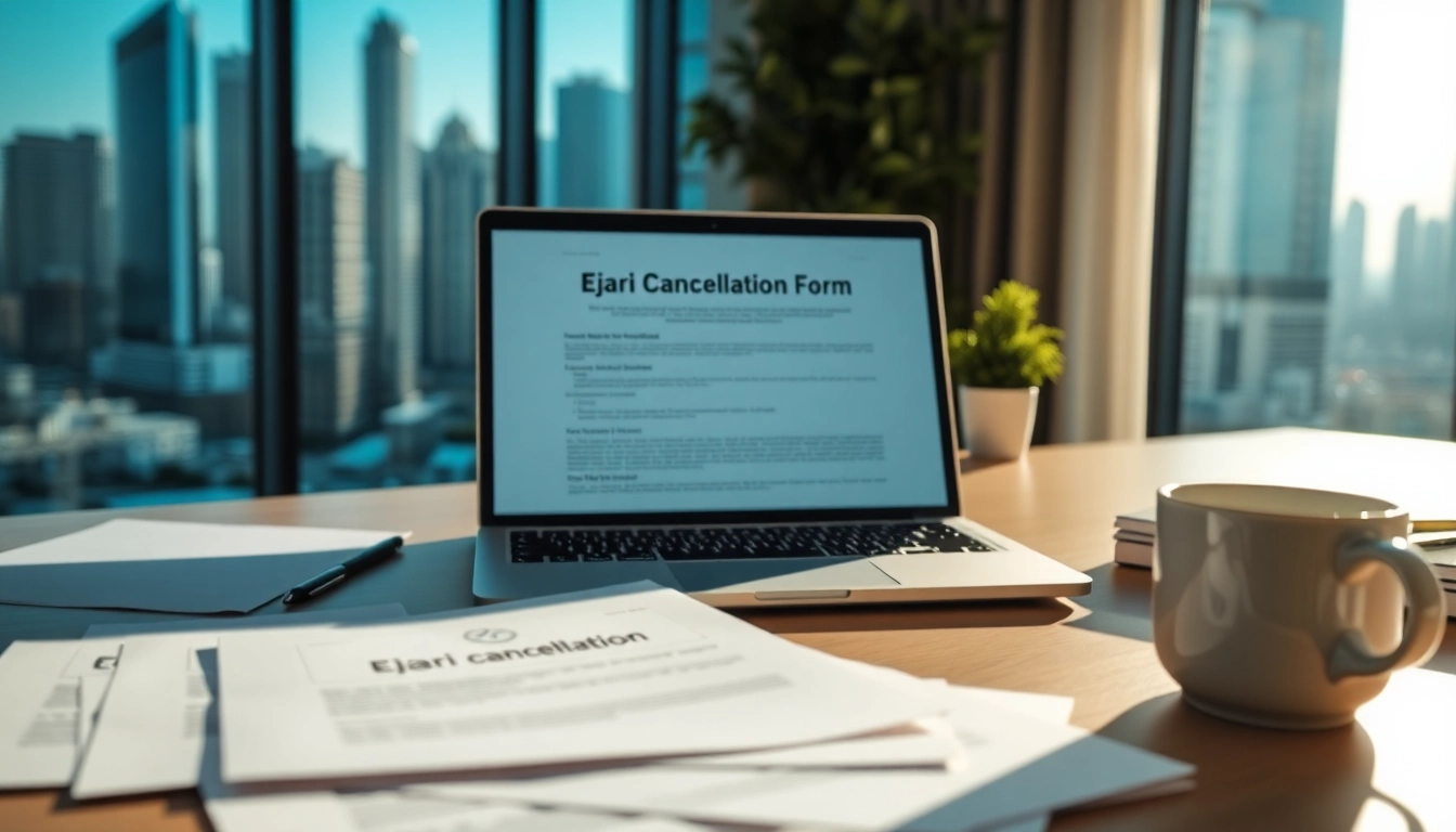 Guide on ejari cancellation with documents and a laptop against a Dubai skyline background.