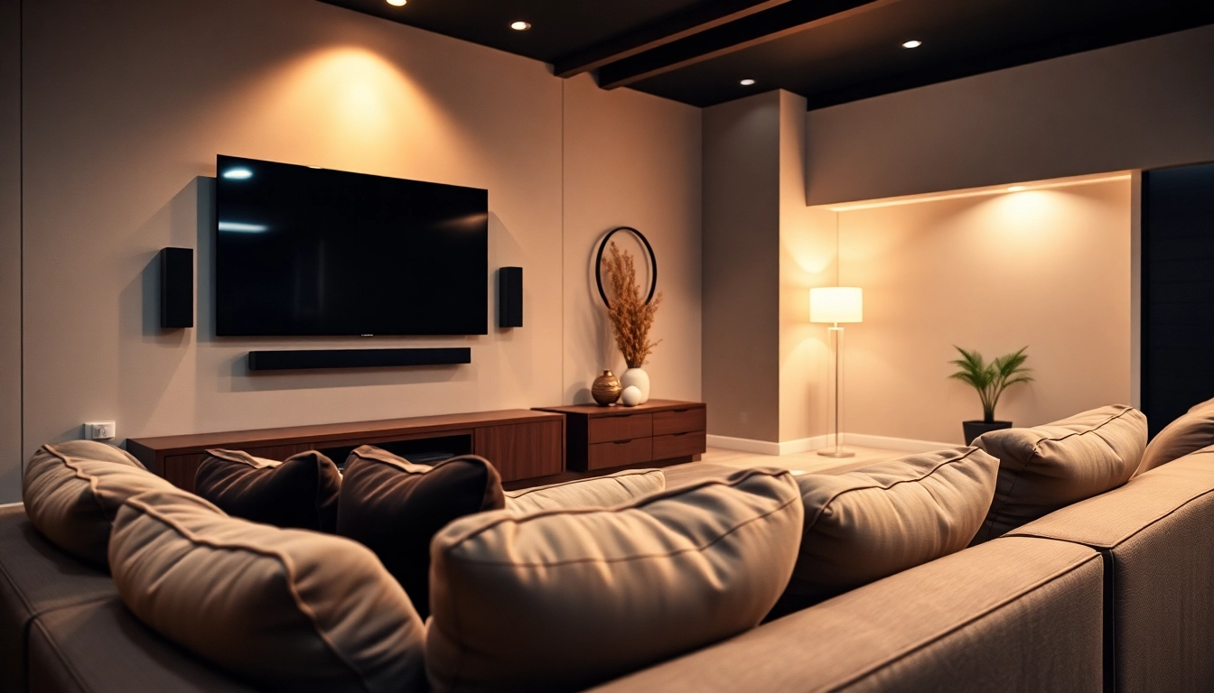 Experience professional home theater installation near me in an inviting modern living room setting.