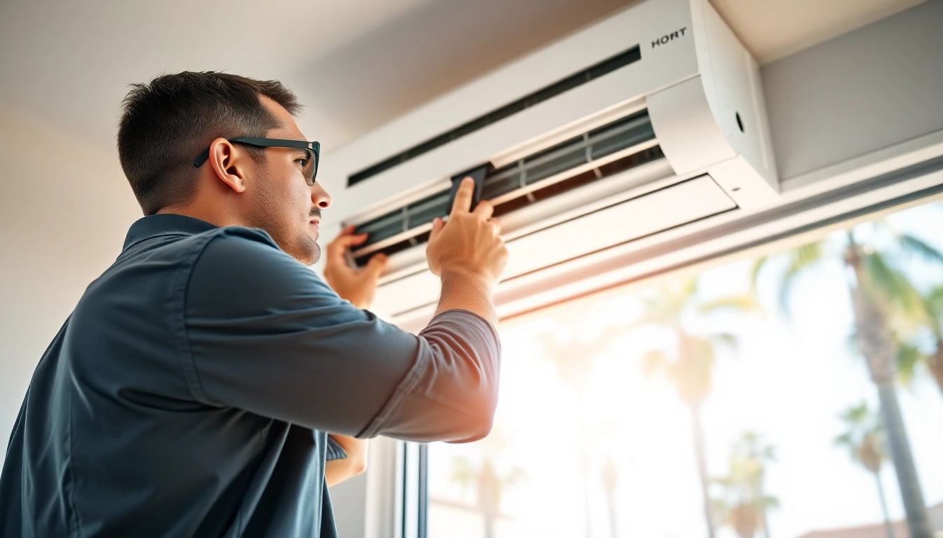 HVAC Los Angeles technician professionally installing air conditioning at a sunny home.